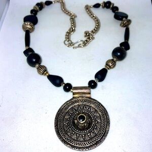 Vintage Pewter studio metal medallion
Round pendant 2" Necklace 25" statement